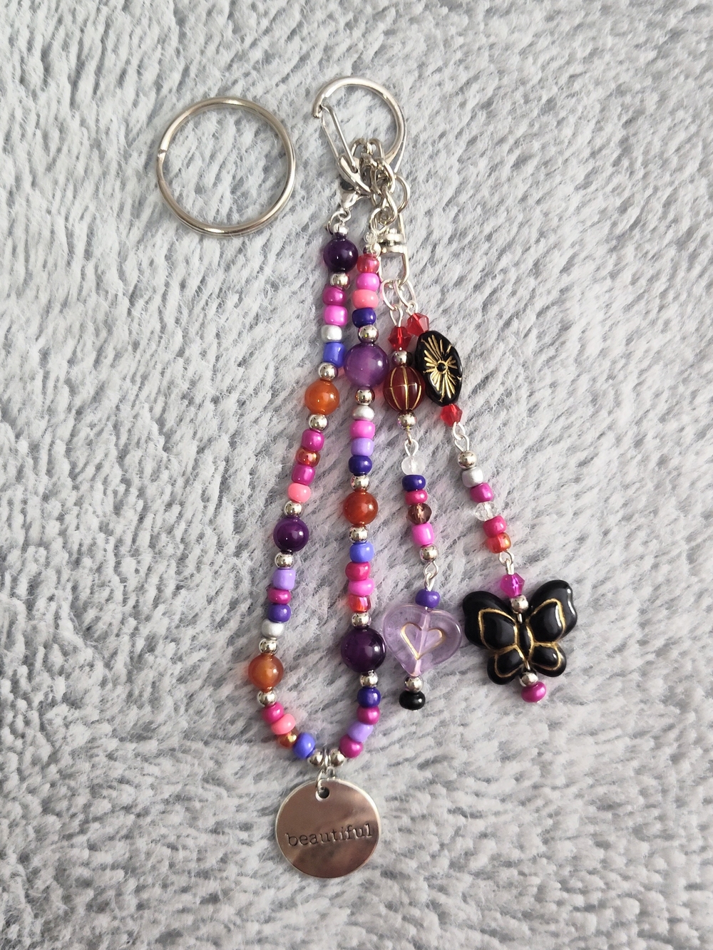 Handmade Pink & Purple Beaded Bracelet with Butterfly Charm
